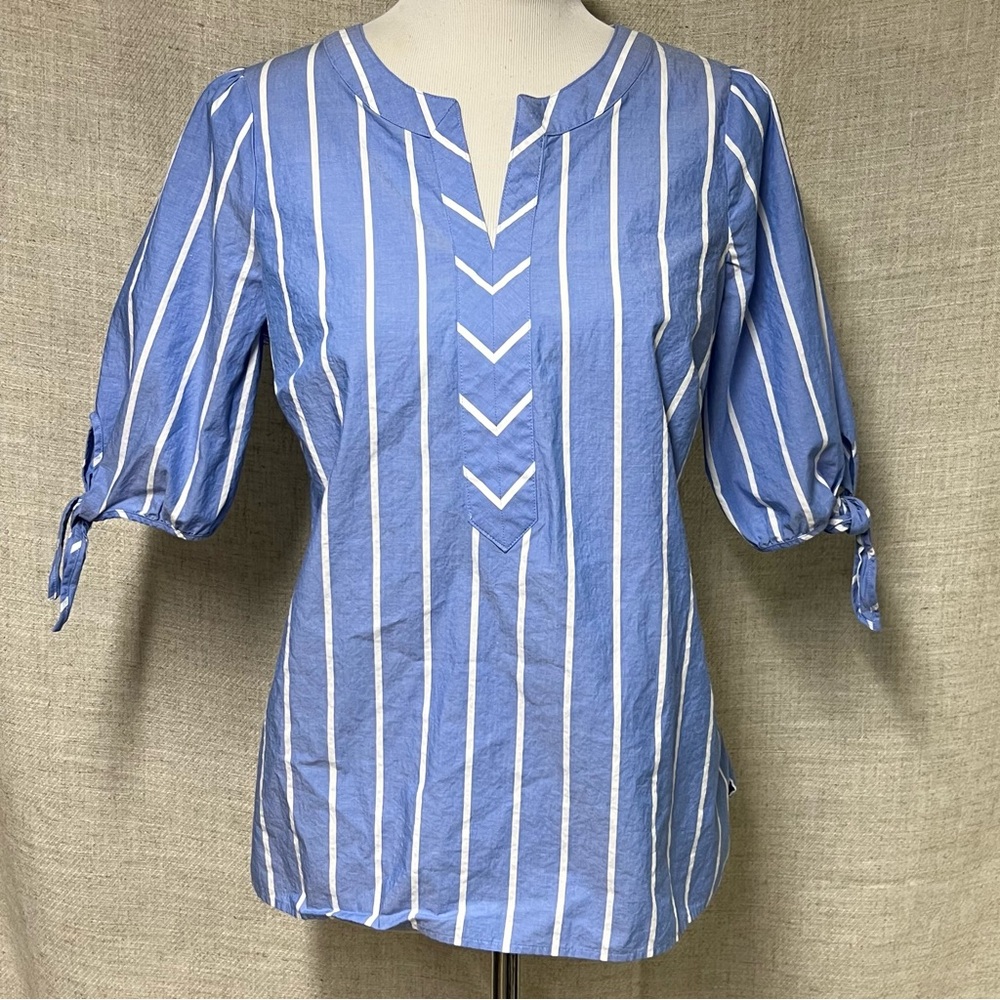 Talbots Blue and White Striped V-Neck Tie Sleeve Blouse